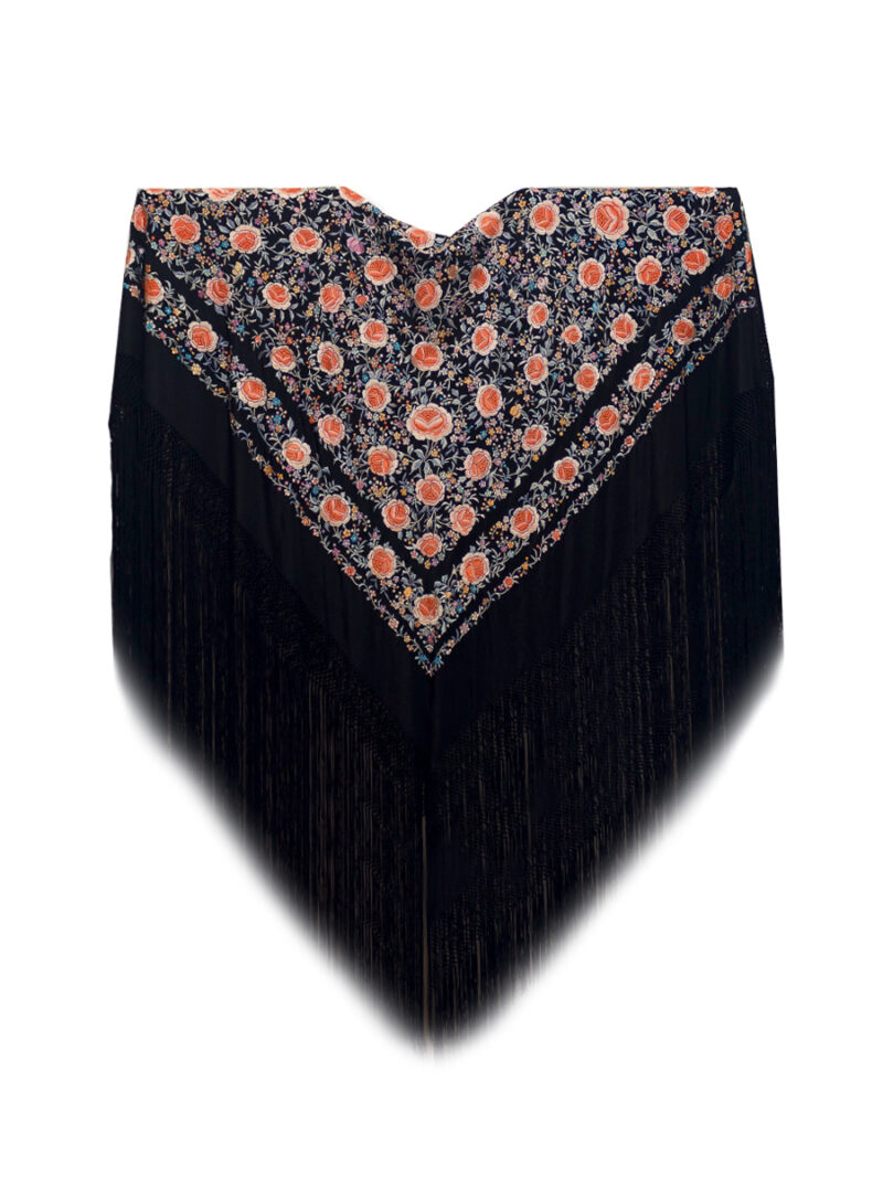 Mantón de Manila antiguo bordado a mano de seda natural M.ANT-1059