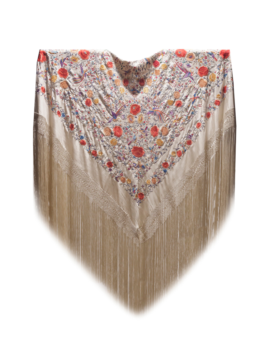 Mantón de Manila antiguo bordado a mano de seda natural M.ANT-1095