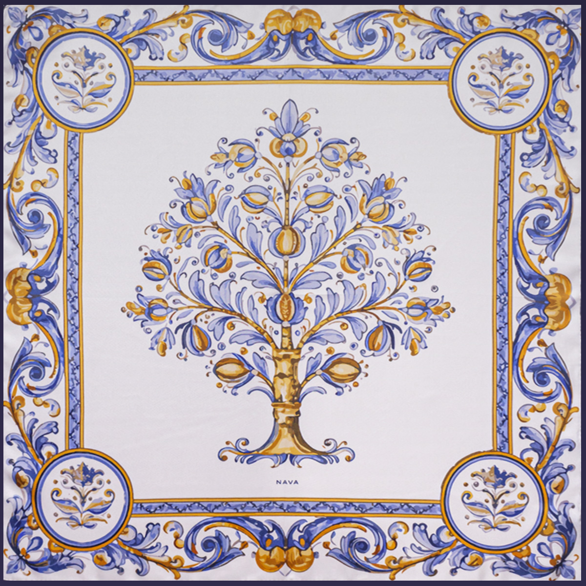 Pañuelo de seda estampado cerámica arbol tricolor