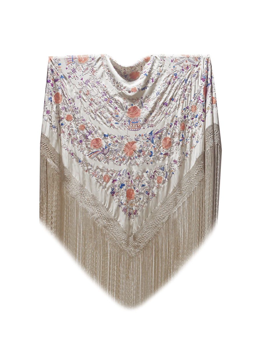 Mantón de Manila antiguo bordado a mano de seda natural M.ANT-1135